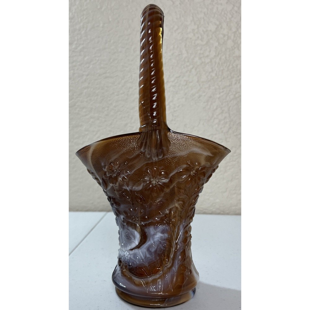 Vintage Imperial Dark Caramel Root Beer Slag Glass Tall Daisy Basket 10 In Tall - Picture 3 of 16